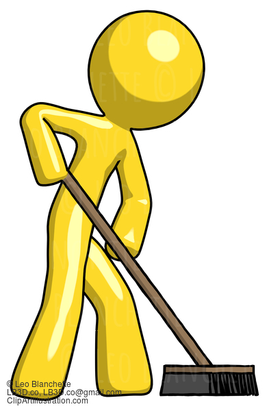 Yellow Design Mascot Man Cleaning Services Janitor Sweeping Side View #11230