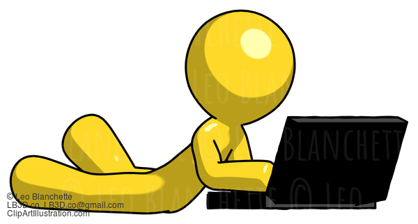 Yellow Design Mascot Man Using Laptop Computer While Lying On Floor Side Angled View #11235