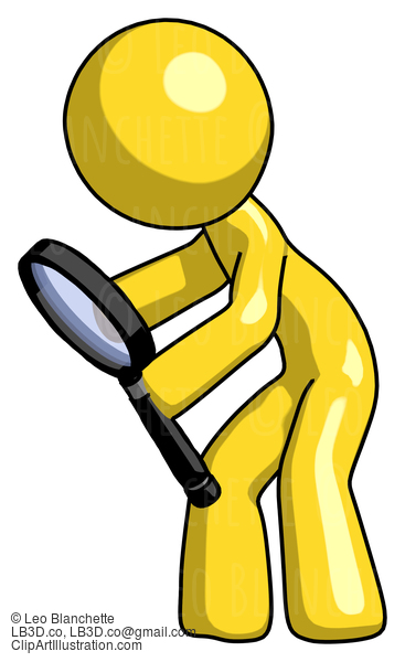 Yellow Design Mascot Man Inspecting With Large Magnifying Glass Left #11239