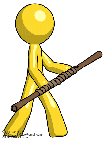 Yellow Design Mascot Man Holding Bo Staff In Sideways Defense Pose #11244