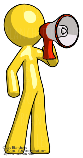 Yellow Design Mascot Man Shouting Into Megaphone Bullhorn Facing Right #11245