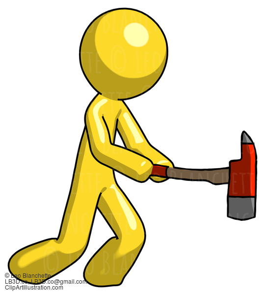 Yellow Design Mascot Man With Ax Hitting, Striking, Or Chopping #11246