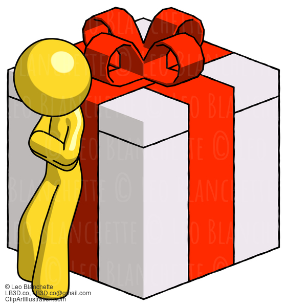 Yellow Design Mascot Man Leaning On Gift With Red Bow Angle View #11249