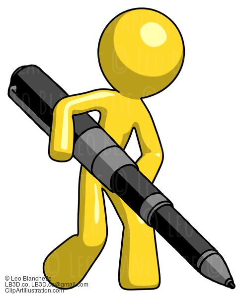 Yellow Design Mascot Man Writing With A Really Big Pen #11250