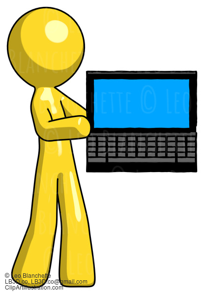 Yellow Design Mascot Man Holding Laptop Computer Presenting Something On Screen #11255