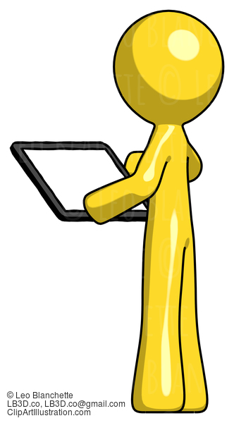 Yellow Design Mascot Man Looking At Tablet Device Computer With Back To Viewer #11256