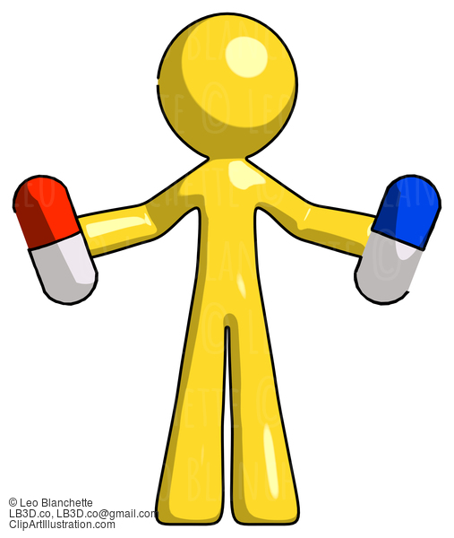 Yellow Design Mascot Man Holding A Red Pill And Blue Pill #11261