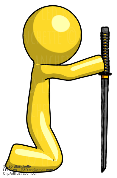 Yellow Design Mascot Man Kneeling With Ninja Sword Katana Showing Respect #11263