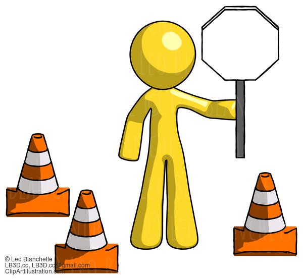 Yellow Design Mascot Man Holding Stop Sign By Traffic Cones Under Construction Concept #11264