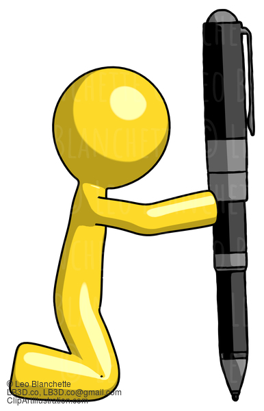 Yellow Design Mascot Man Posing With Giant Pen In Powerful Yet Awkward Manner. #11266