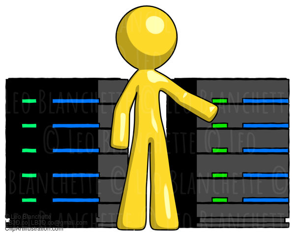 Yellow Design Mascot Man With Server Racks, In Front Of Two Networked Systems #11267