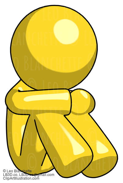 Yellow Design Mascot Man Sitting With Head Down Facing Angle Right #11271