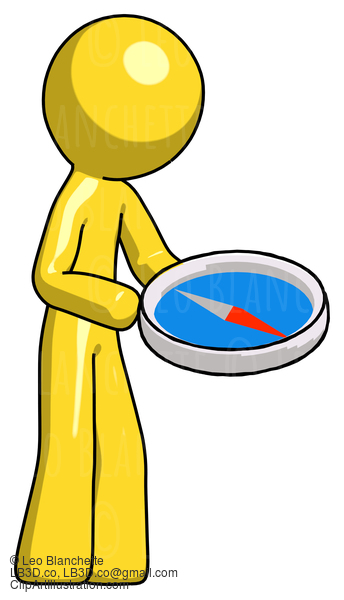 Yellow Design Mascot Man Looking At Large Compass Facing Right #11272