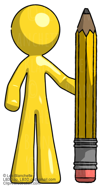 Yellow Design Mascot Man With Large Pencil Standing Ready To Write #11279