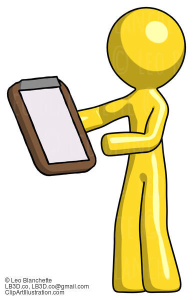 Yellow Design Mascot Man Reviewing Stuff On Clipboard #11280