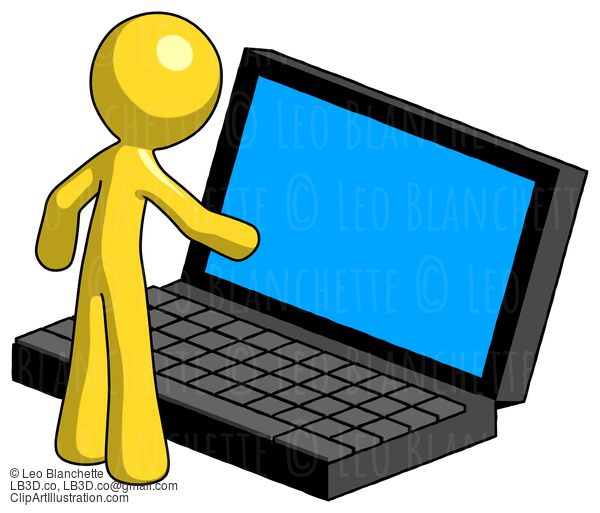 Yellow Design Mascot Man Using Large Laptop Computer #11281