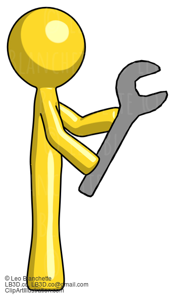 Yellow Design Mascot Man Using Wrench Adjusting Something To Right #11287