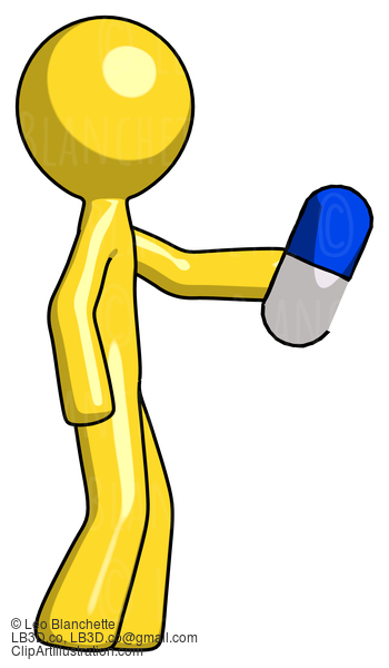 Yellow Design Mascot Man Holding Blue Pill Walking To Right #11289