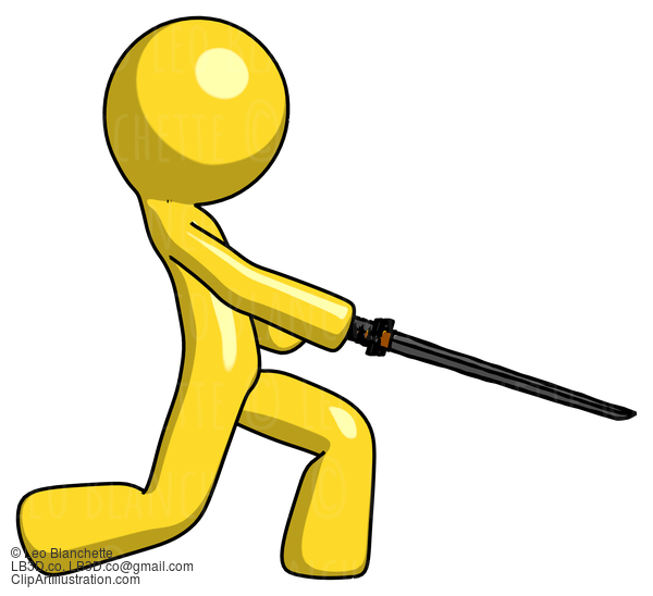 Yellow Design Mascot Man With Ninja Sword Katana Slicing Or Striking Something #11290