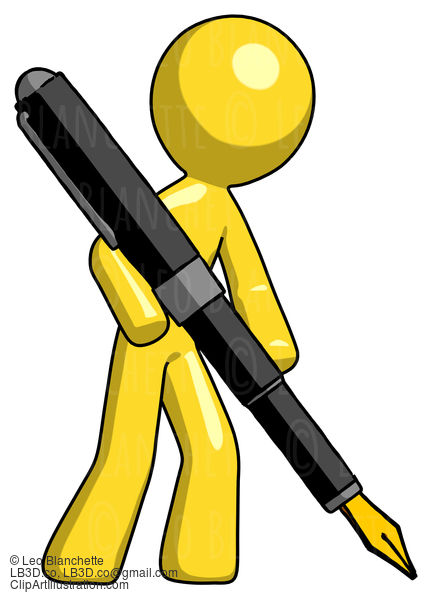 Yellow Design Mascot Man Drawing Or Writing With Large Calligraphy Pen #11300