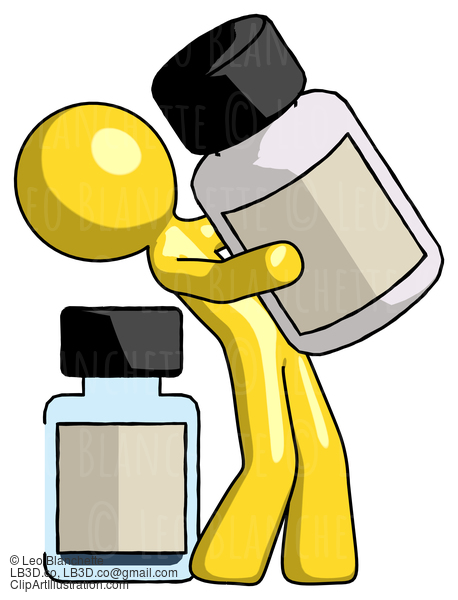 Yellow Design Mascot Man Holding Large White Medicine Bottle With Bottle In Background #11301