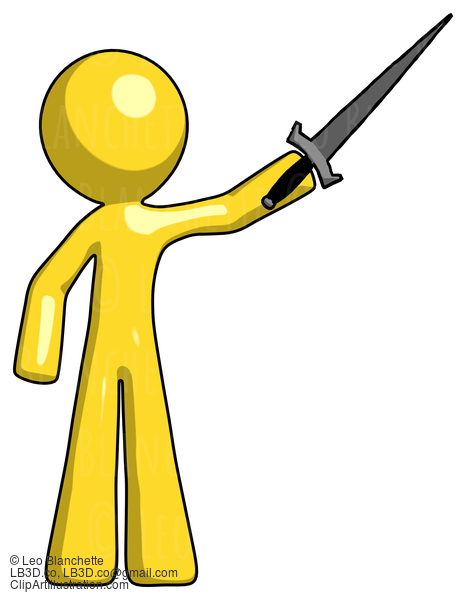 Yellow Design Mascot Man Holding Sword In The Air Victoriously #11302