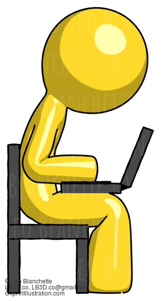 Yellow Design Mascot Man Using Laptop Computer While Sitting In Chair View From Side #11303