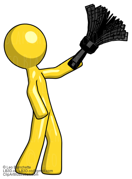 Yellow Design Mascot Man Dusting With Feather Duster Upwards #11304