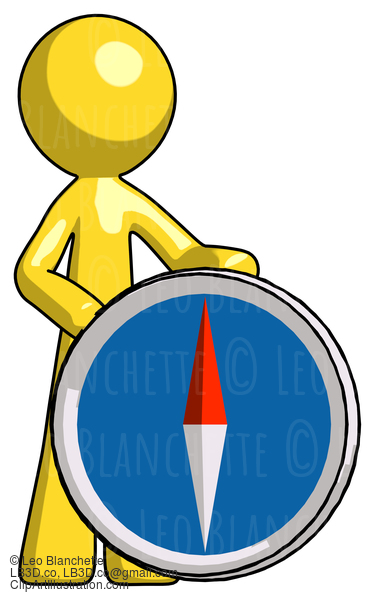 Yellow Design Mascot Man Standing Beside Large Compass #11306