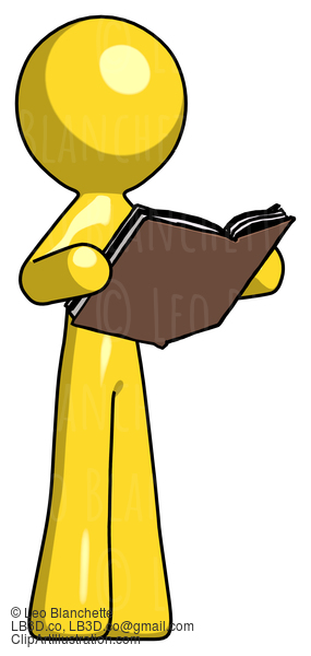 Yellow Design Mascot Man Reading Book While Standing Up Facing Away #11307