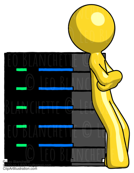 Yellow Design Mascot Man Resting Against Server Rack Viewed At Angle #11308