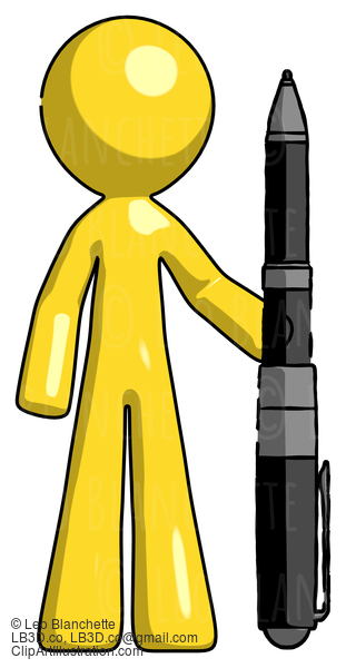 Yellow Design Mascot Man Holding Large Pen #11310