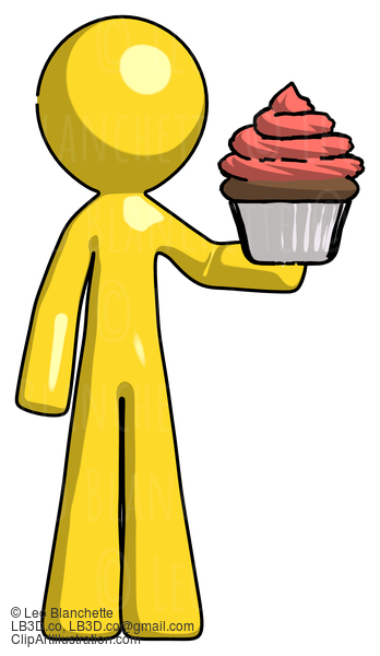 Yellow Design Mascot Man Presenting Pink Cupcake To Viewer #11313