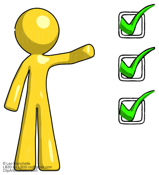 Yellow Design Mascot Man Standing By List Of Checkmarks #11316