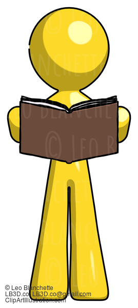 Yellow Design Mascot Man Reading Book While Standing Up Facing Viewer #11317