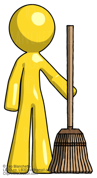 Yellow Design Mascot Man Standing With Broom Cleaning Services #11321