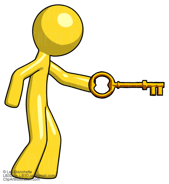 Yellow Design Mascot Man With Big Key Of Gold Opening Something #11322