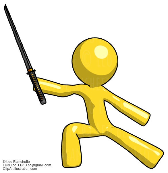 Yellow Design Mascot Man With Ninja Sword Katana In Defense Pose #11325