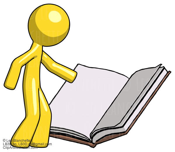 Yellow Design Mascot Man Reading Big Book While Standing Beside It #11330