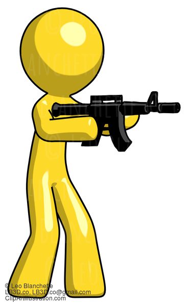 Yellow Design Mascot Man Shooting Automatic Assault Weapon #11334