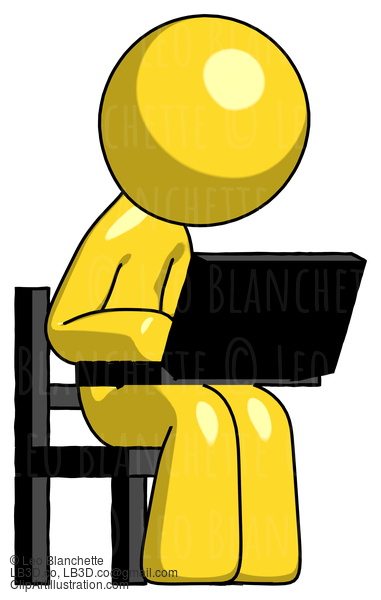 Yellow Design Mascot Man Using Laptop Computer While Sitting In Chair Angled Right #11340