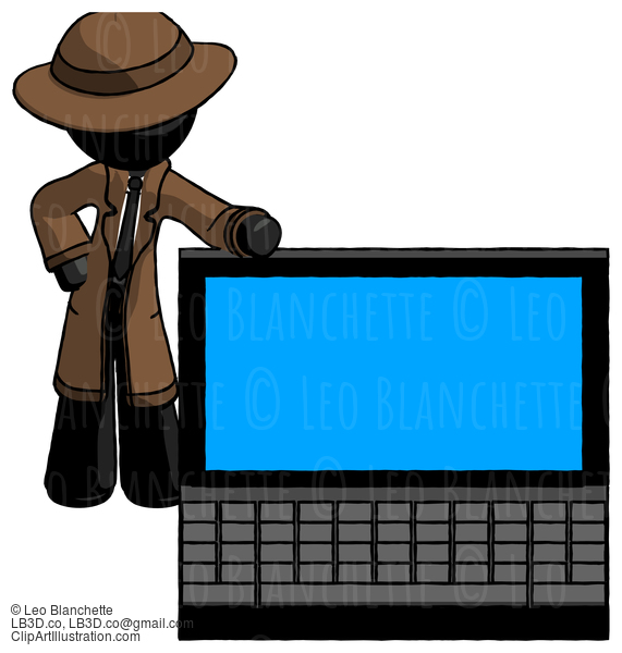 Black Detective Man Beside Large Laptop Computer, Leaning Against It #2505