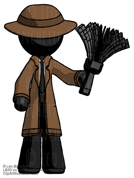 Black Detective Man Holding Feather Duster Facing Forward #2521