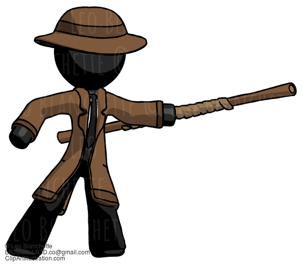 Black Detective Man Bo Staff Pointing Right Kung Fu Pose #2541