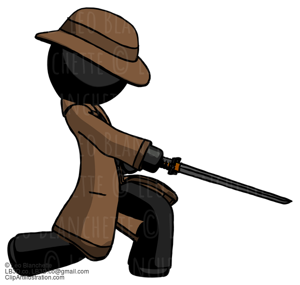 Black Detective Man With Ninja Sword Katana Slicing Or Striking Something #2542