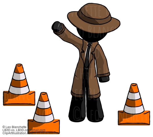 Black Detective Man Standing By Traffic Cones Waving #2564