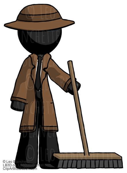 Black Detective Man Standing With Industrial Broom #2571