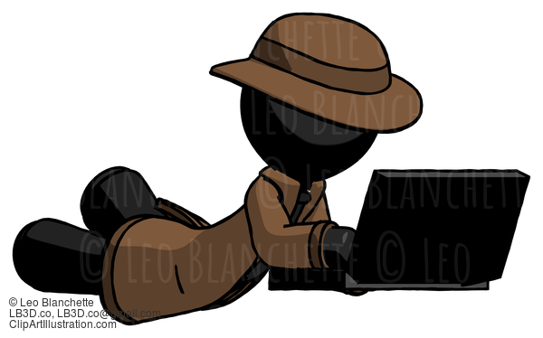 Black Detective Man Using Laptop Computer While Lying On Floor Side Angled View #2572