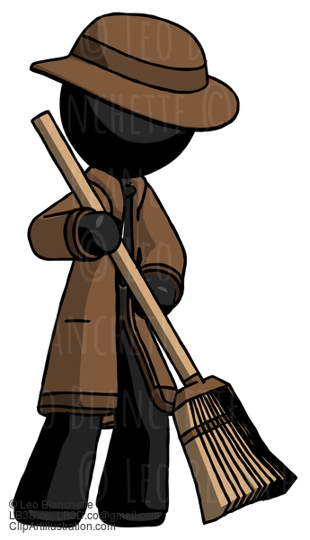 Black Detective Man Sweeping Area With Broom #2576