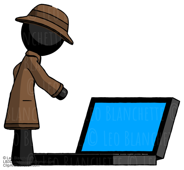 Black Detective Man Using Large Laptop Computer Side Orthographic View #2589